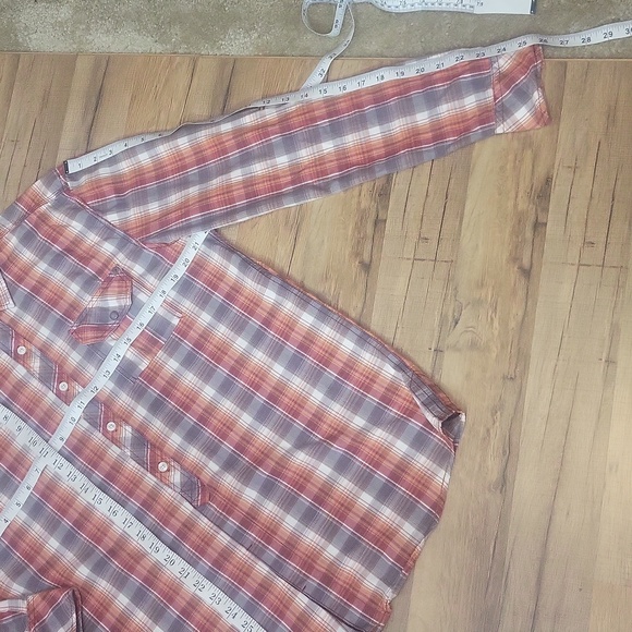 JEANSWEST Orange Red Gray Plaid Pearl Snap Pocket Roll-Tab Western Shirt - Picture 12 of 15